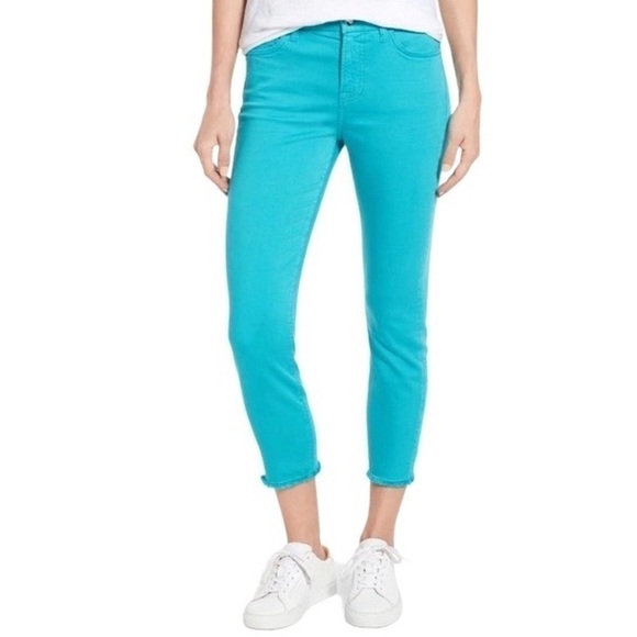 Jen7 7 For All Mankind Cropped Skinny Jeans with Frayed Hem Turquoise 4 New - Picture 1 of 7